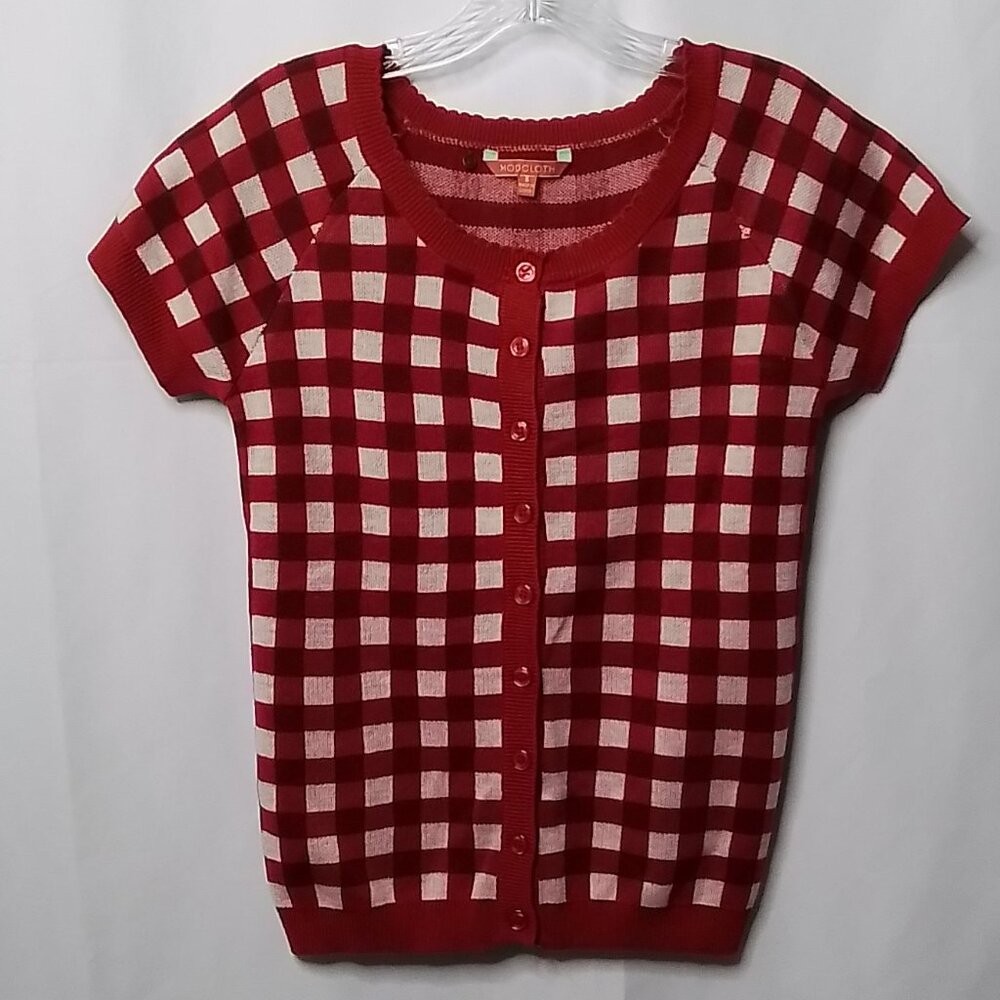 MODCLOTH RED & WHITE CHECKERED SHORT SLEEVE BUTTON DOWN CARDIGAN SIZE S